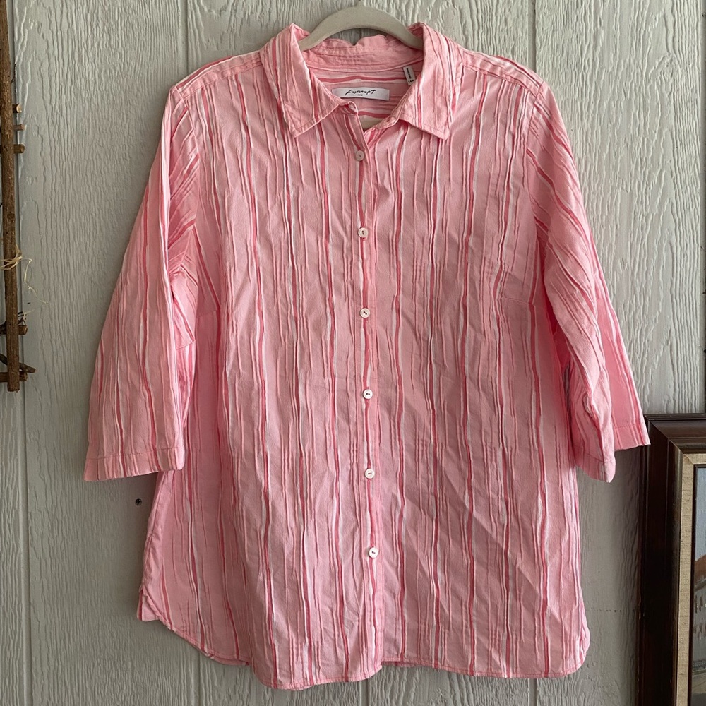 Foxcroft Women Pink White Striped No Iron Stretch 3/4 Sleeve Buttoned Shirt 14W